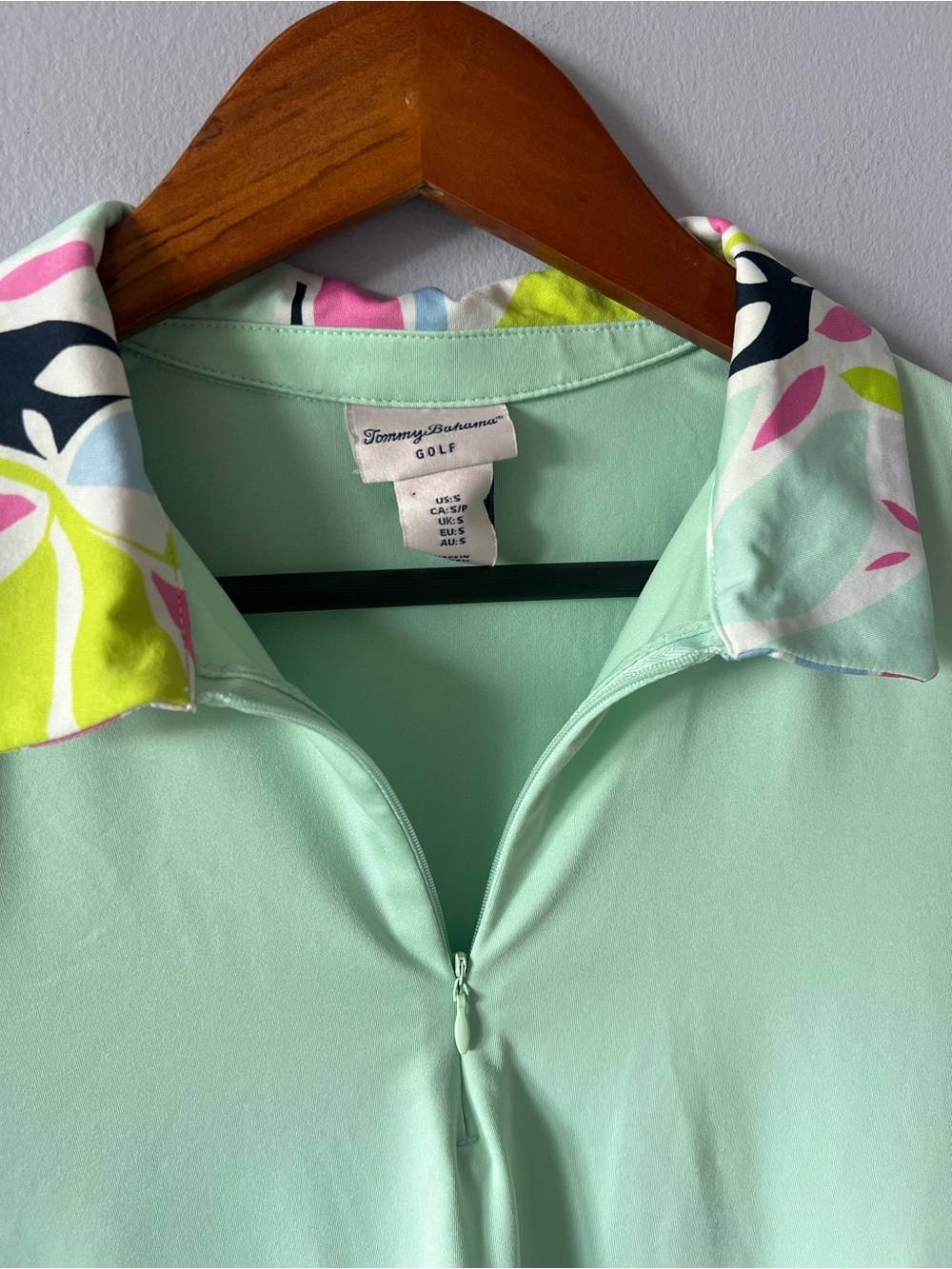 Tommy Bahama Mint Green Short Sleeve Polo with Floral Print Collar - Picture 2 of 4